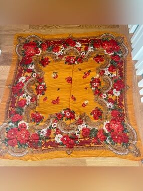 Valentino Floral Silk Scarf in Mustard and Red